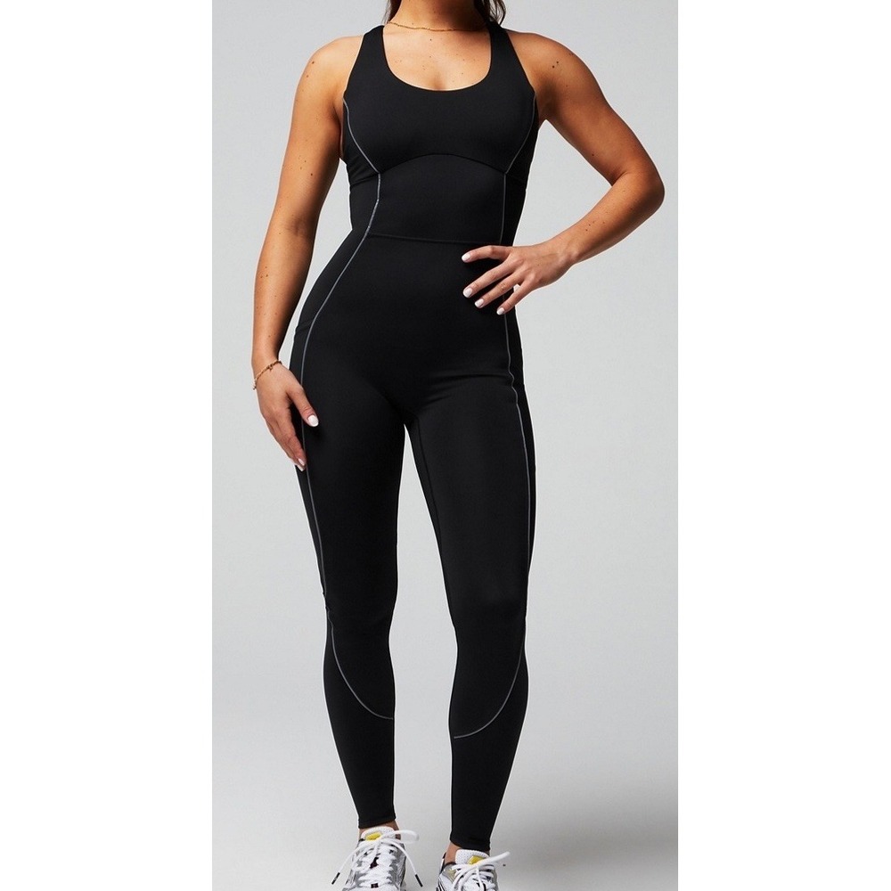 NWOT Women's Fabletics Motion 365+ Racerback Jumpsuit Black Reflective XXS